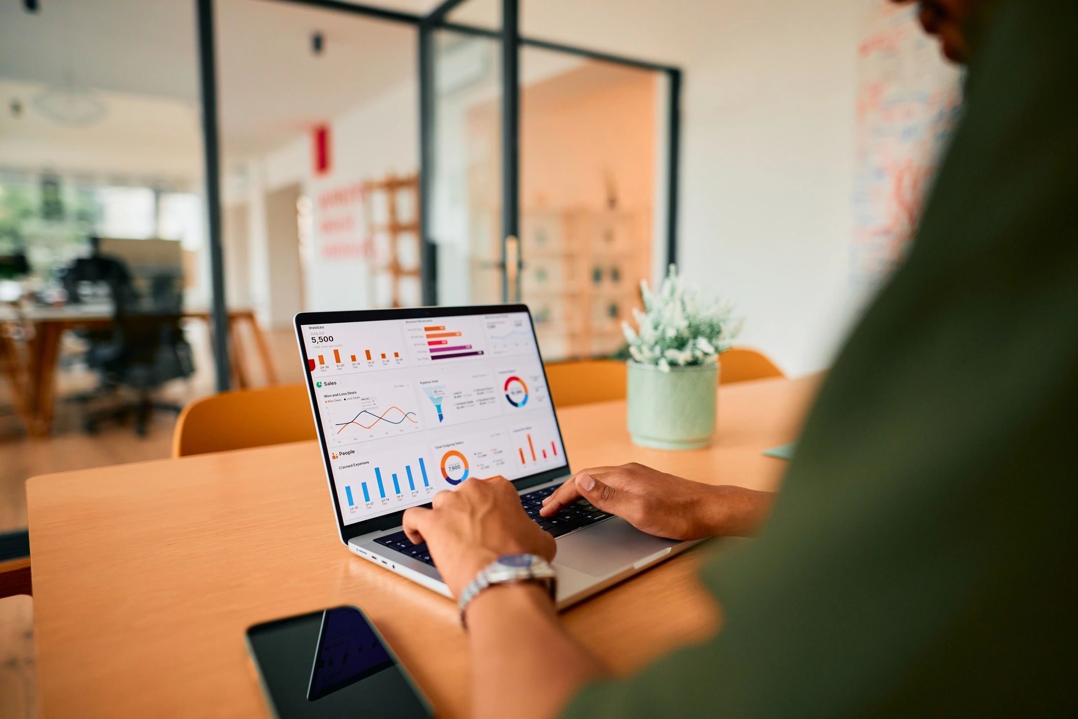 Financial analysis and performance charts on a laptop